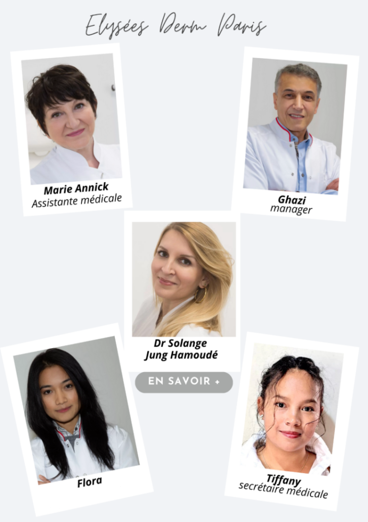 équipe Elysées Derm Paris 8 clinique de beauté Avenue des Champs élysées avec docteur Solange Jung-Hamoudé, service épilation paris 8, botox paris 8, keralase Paris 8