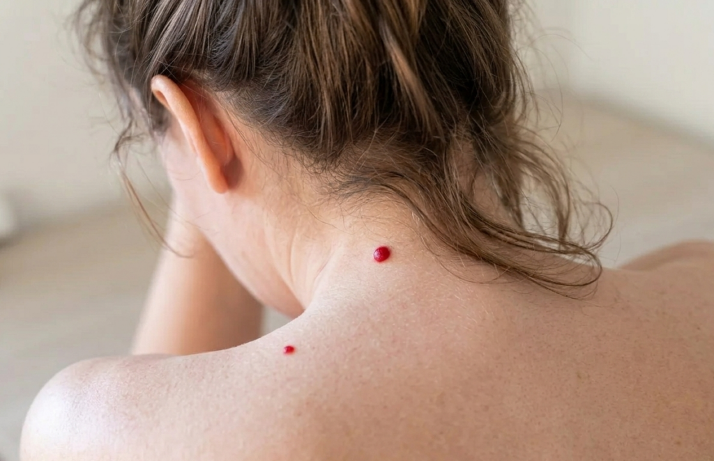 Traitement laser d’un angiome rubis sur le dos d’une femme dans un cabinet de médecine esthétique à Paris, suppression ciblée des lésions vasculaires rouges en toute sécurité