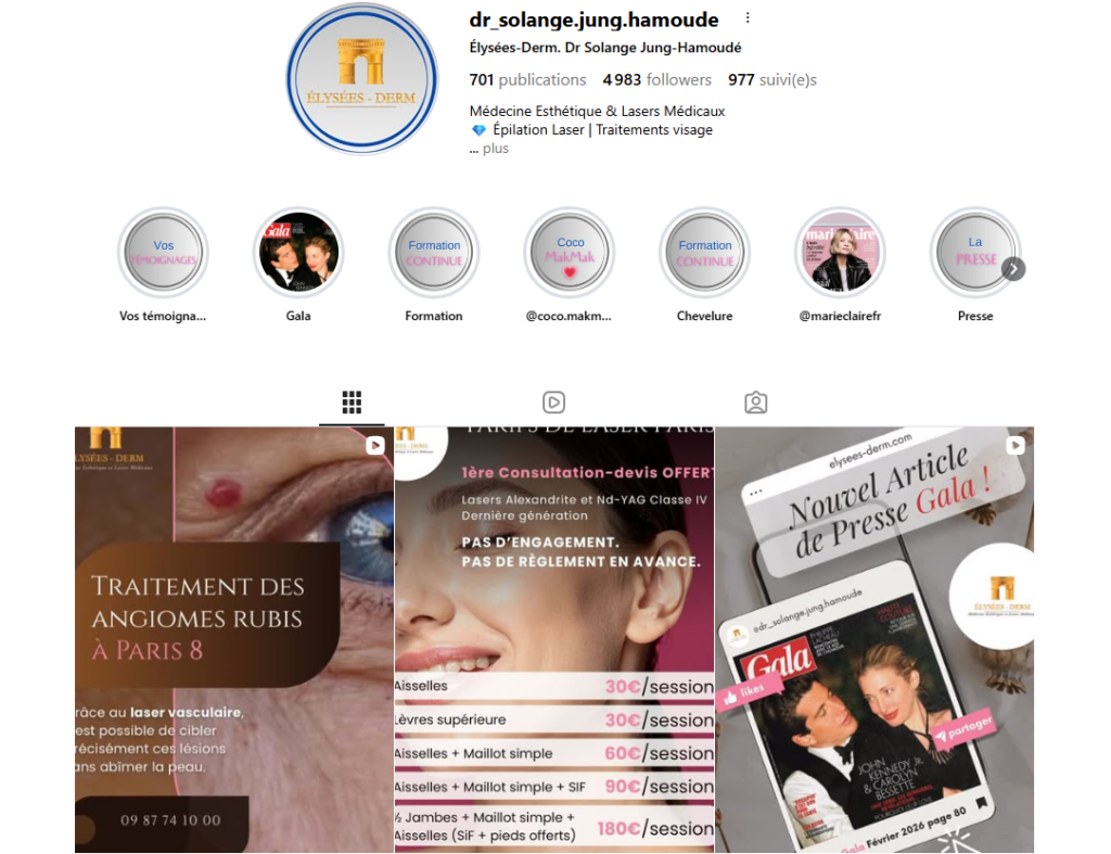 compte instagram clinique médecine esthétique paris 8 champs élysées avec un suivi médecin Elysées-Derm