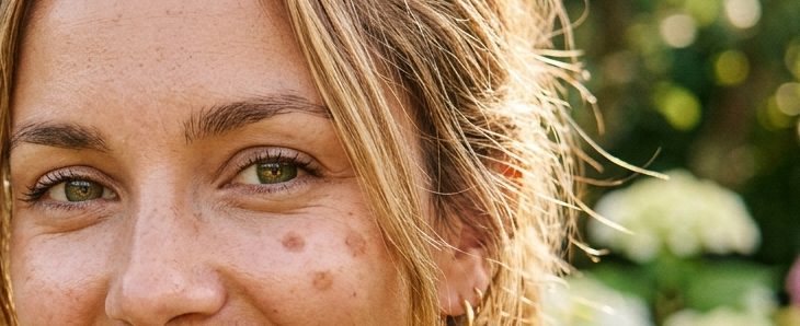 un gros plan sur le visage d'une femme avec 3 tâches de soleil à l'extérieur, visage exposé au soleil, traitement laser pour tâches de soleil à Paris 8 par la clinique de Médecine esthétique Elysées-Derm.